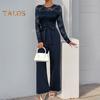 Damen Langarm-Jumpsuit aus Spitze, formeller Jumpsuit mit hoher Taille und weitem Bein, Strampler mit Gürtel, Sommer-Overall-Outfit
