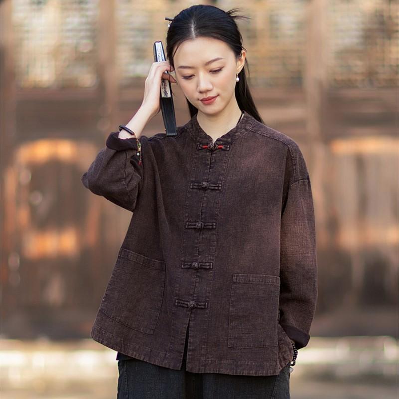 Johnature Women Vintage Shirts Tops Spring Chinese Style Solid Color Stand Long Sleeve Pockets Blouses