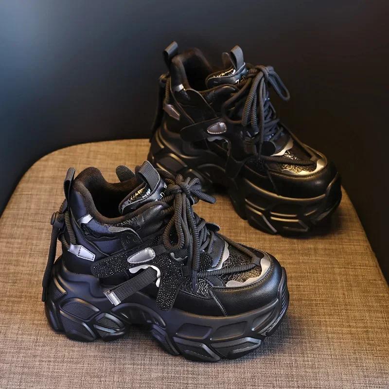 Fashion 10cm Microfiber Genuine Leather Vulcanize Chunky Sneaker Platform Wedge Fashion Spring Shoes Ankle Boots Women Autumn