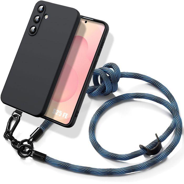 Case for Samsung Galaxy S25 FE, Black Liquid Silicone Protection with Detachable Blue Lanyard