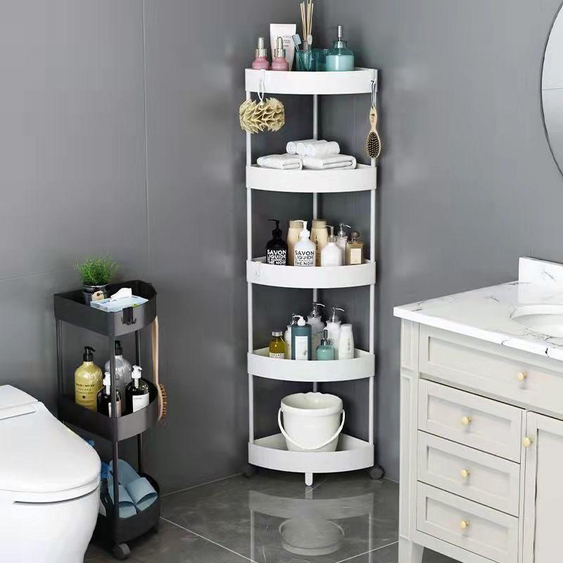 Compact Triangular Bathroom Storage Rack: Multi-Layer, Floor-Standing, Moveable Corner Organizer.