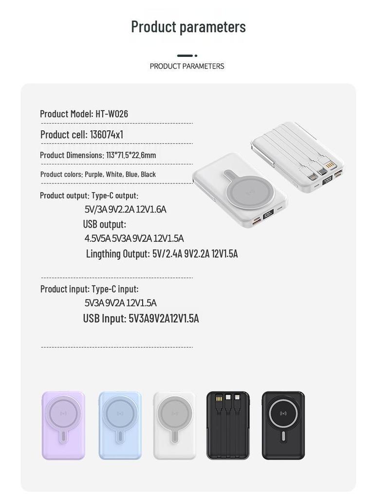 3C Certified Wireless Magnetic Power Bank: 15W PD, Strong Magnet, Built-in Triple Cables & Stand, Ideal for Air Travel.