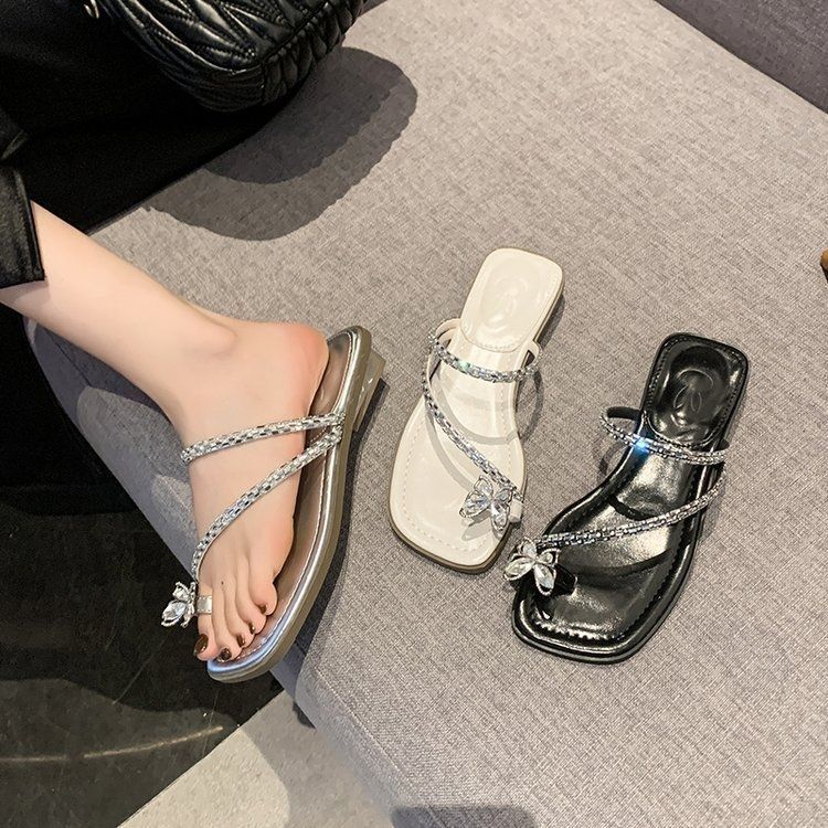 Fashion niche comfortable with skirt shoes 2025 summer new French rhinestone word fairy beautiful cool slippers woman