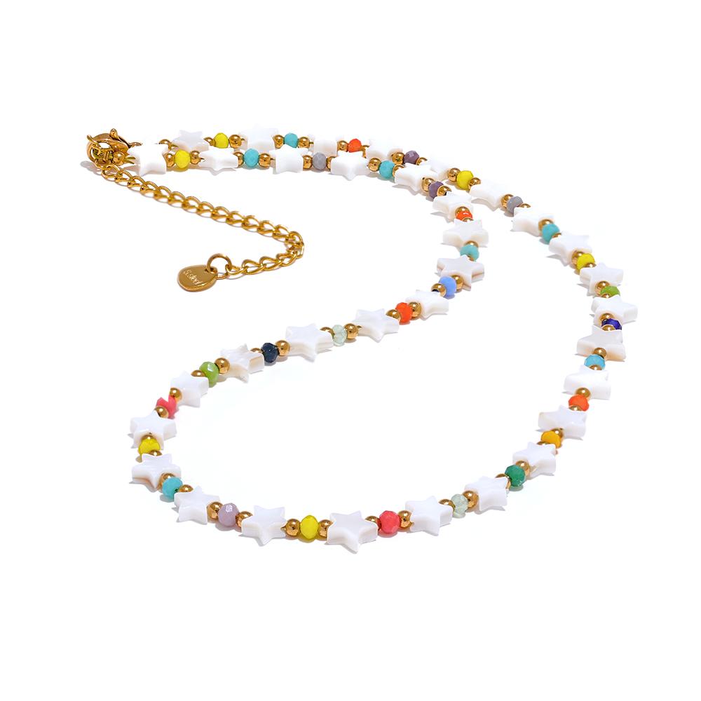 

Yhpup Natural Shell Star Colorful Crystal Handmade Chain Necklace Stainless Steel Trendy Collar Summer Jewelry Gift