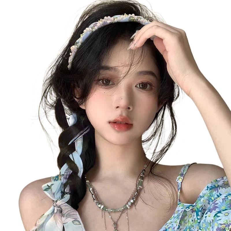 Summer Floral Braided Headband Womens Tied Hair Scarf Floating Headband Headband One System Pearl Tie