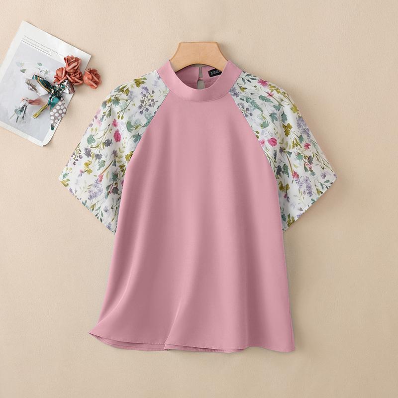 ZANZEA Women Casual Stand Collar Print Splice Half Sleeve Summer Blouse
