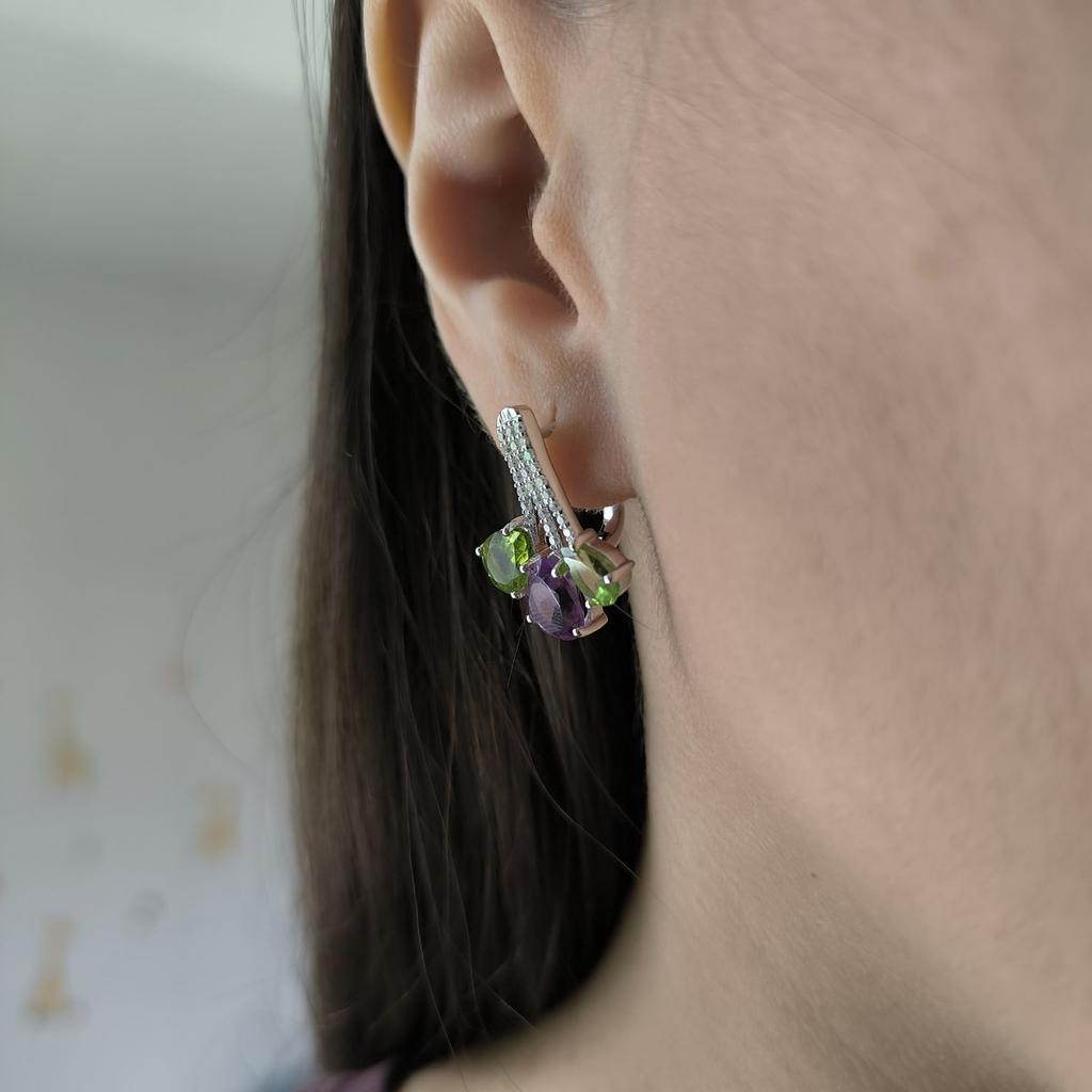 Silver Earrings with Natural Amethyst, Chrysolite (2183365)