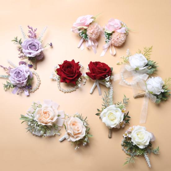 Europäisches Weißes Rosen-Anstecker & Handgelenk-Gesteck Set, Künstliche Seidenblume für Bräutigam Braut Brautjungfer, Outdoor-Hochzeitsfeier Dekoration