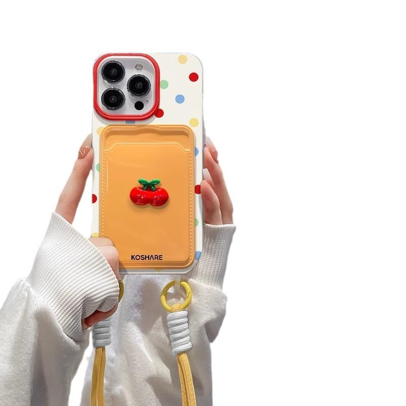 Three-dimensional Cherry Dolls Suitable for Apple 16PRO Mobile Phone Case IPhone 15 Card Bag Lanyard 14/13 Transparent Silicone