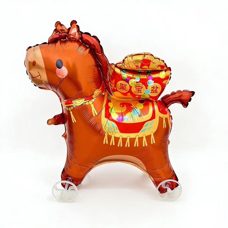 2026 Cartoon Animal Theme 3D Standing Cute Horse Aluminum Film Balloon With Wheels Children Birthday Party Photo Prop Decoration