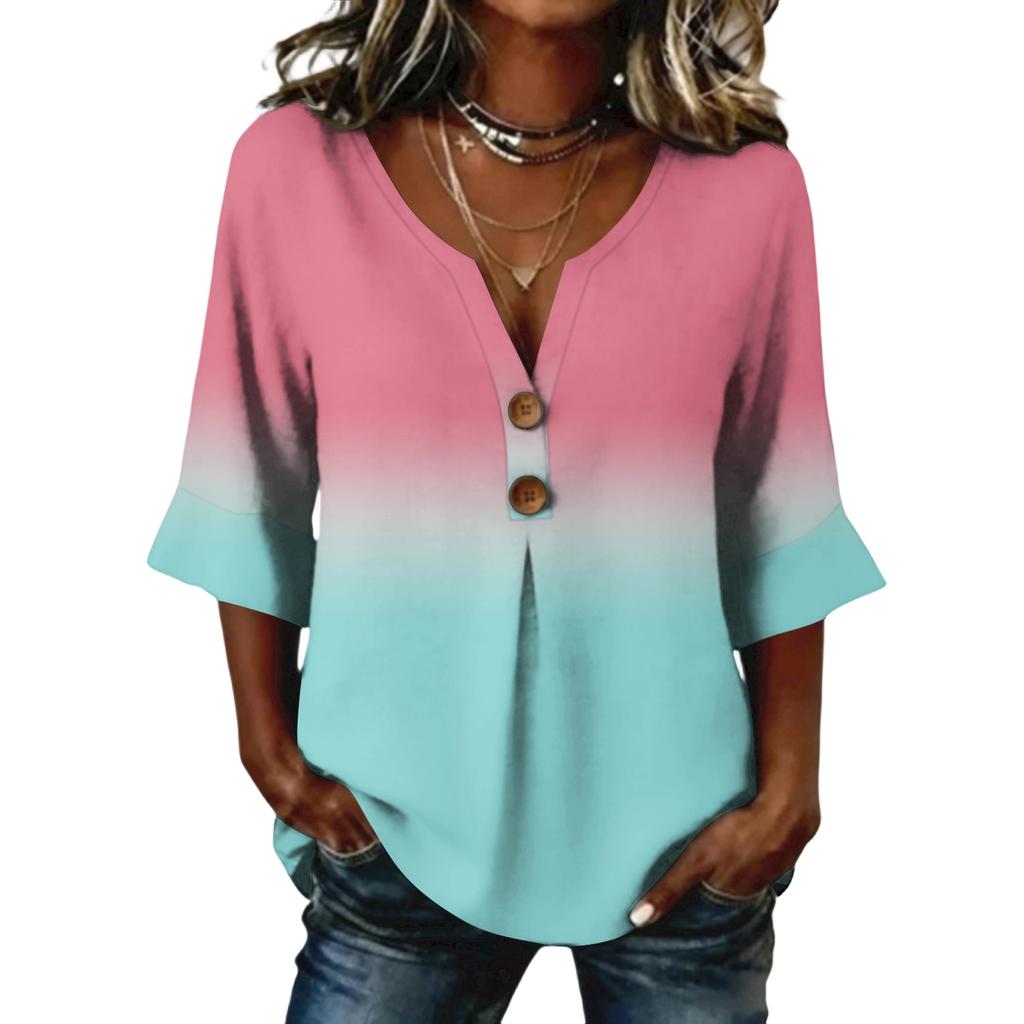 Ladies' gradient printed button casual V-neck fashionable seven quarter sleeve top