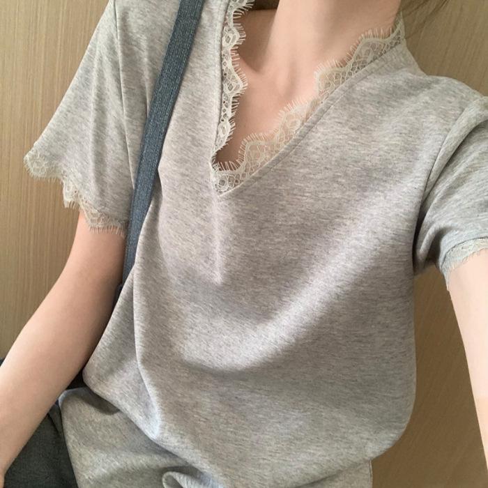 2025 Women's Korean Style Lace Trim V-Neck T-Shirt: Pure, Sexy, Loose-Fit Short Sleeve for a Youthful, Stylish Summer Look