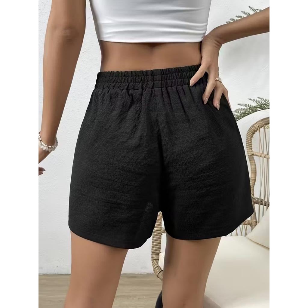 Women's Summer Solid Color Casual Loose Shorts, Elastic Waist Lace-up, Minimalist Fashion Basic Versatile Home Shorts