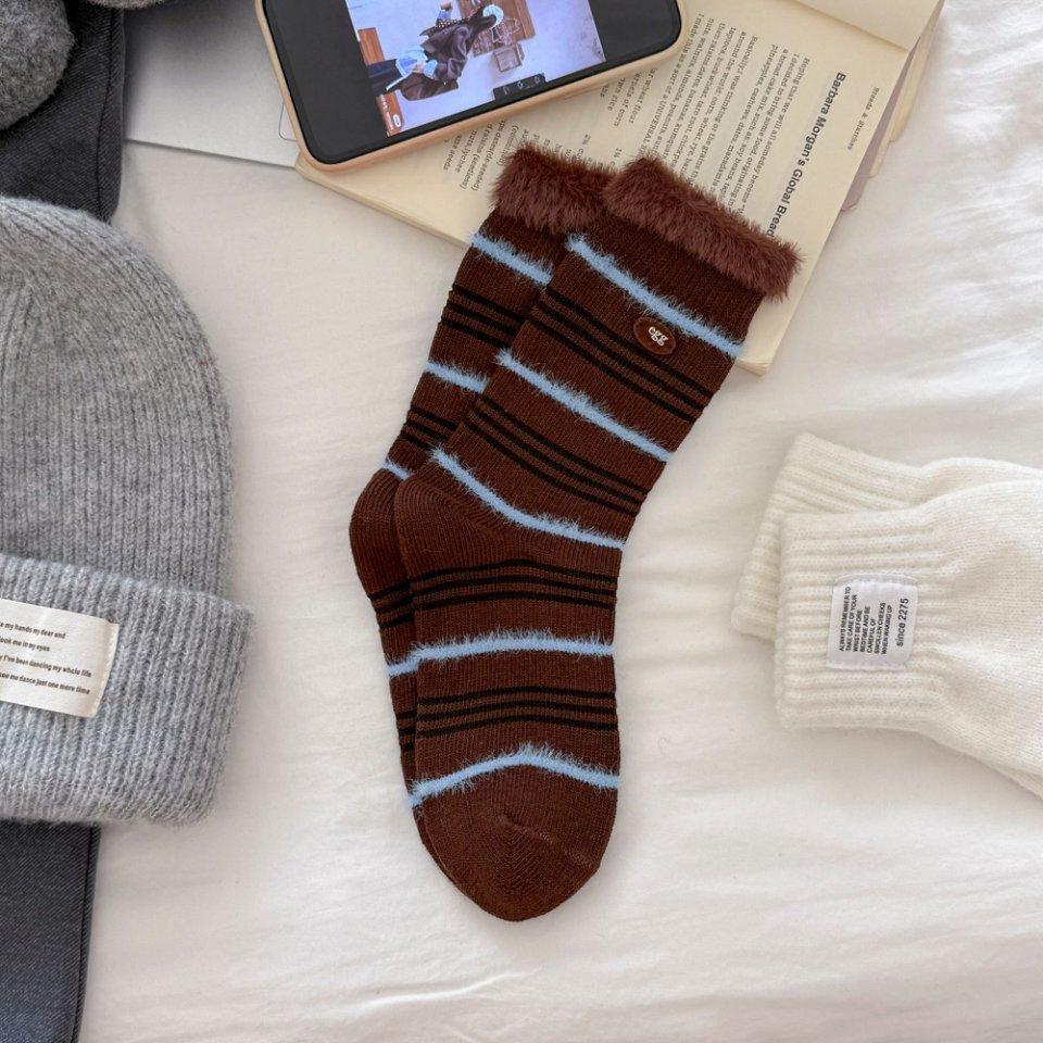 Mink Fleece Splicing Striped Plush Egg Buttons Trendy Socks Thickened And Warm College Style Pile Socks Cotton
