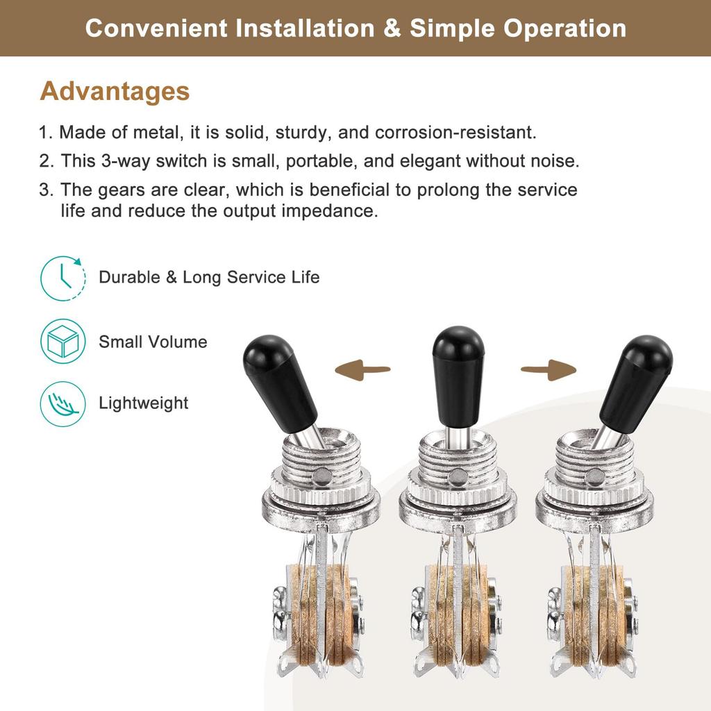 uxcell 3 Way Short Straight Guitar Toggle Switch Pickup Selector with Silver Black Tip Knob Cap for Electric Guitar Parts Replacement