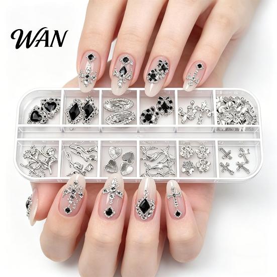 Metal Nail Charms 1 Set 3D Art 12 Grids Love Heart Charm Kit Flower Butterfly DIY Design Crafting Manicure Decoration Accessories Embellishments