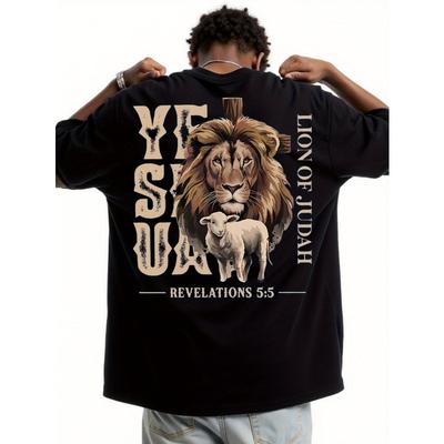 European Size Men's Lion of Judah T-Shirt with YESHUA Print & Lamb - Large Lion of Judah Graphic Suitable for Religious Activities
