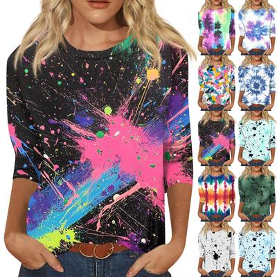 Damenmode Lässig Siebenärmel Bedrucktes Rundhals T-Shirt Top