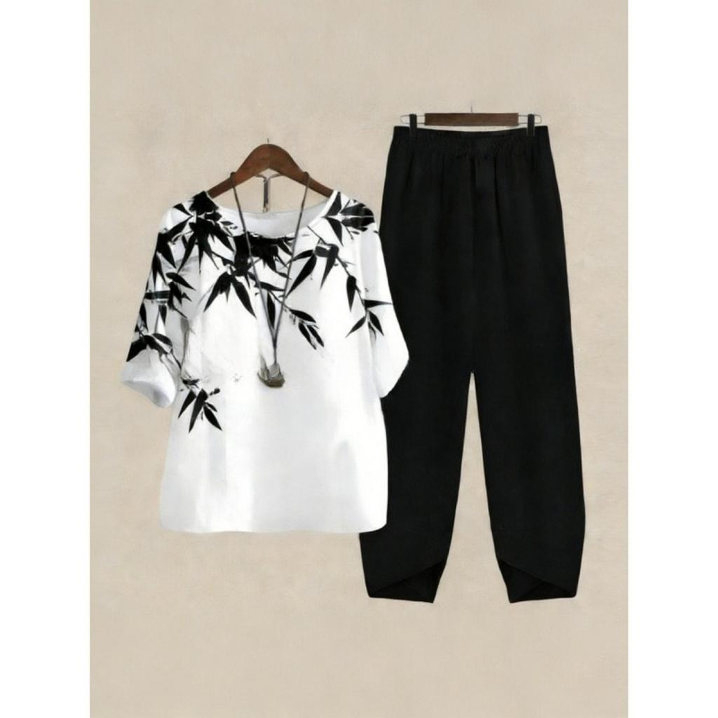 Women's Loose Fit Floral Printed Two Piece Outfit Half Sleeve T-Shirt Elastic Waist Pantsuit
