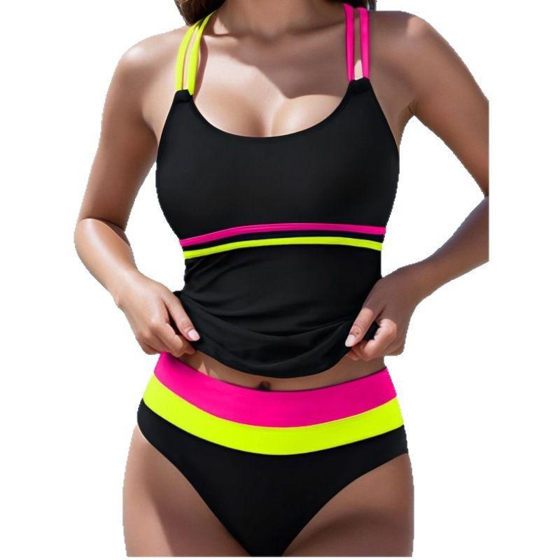 New Triangular Split High-waisted Swimsuit for Women European and American Backless Conservative Color-blocking Tankini