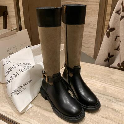 Grape Mother Autumn and Winter New British Retro Color Matching Buckle Round Head Thick Heel Medium Long Tube Thin Knight Boots Women