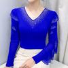 Spring Autumn Women's Ruffles Sleeve T-Shirt Elegant V-neck Tees Slim Ladies Tops With Rhinestone