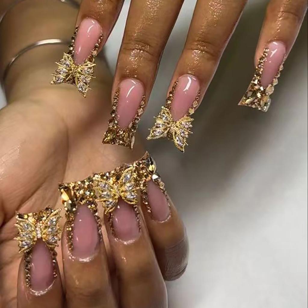 Französische Wear Nail Gold Zerbrochener Diamant Schmetterling Nail Art Patch Falsche Nägel