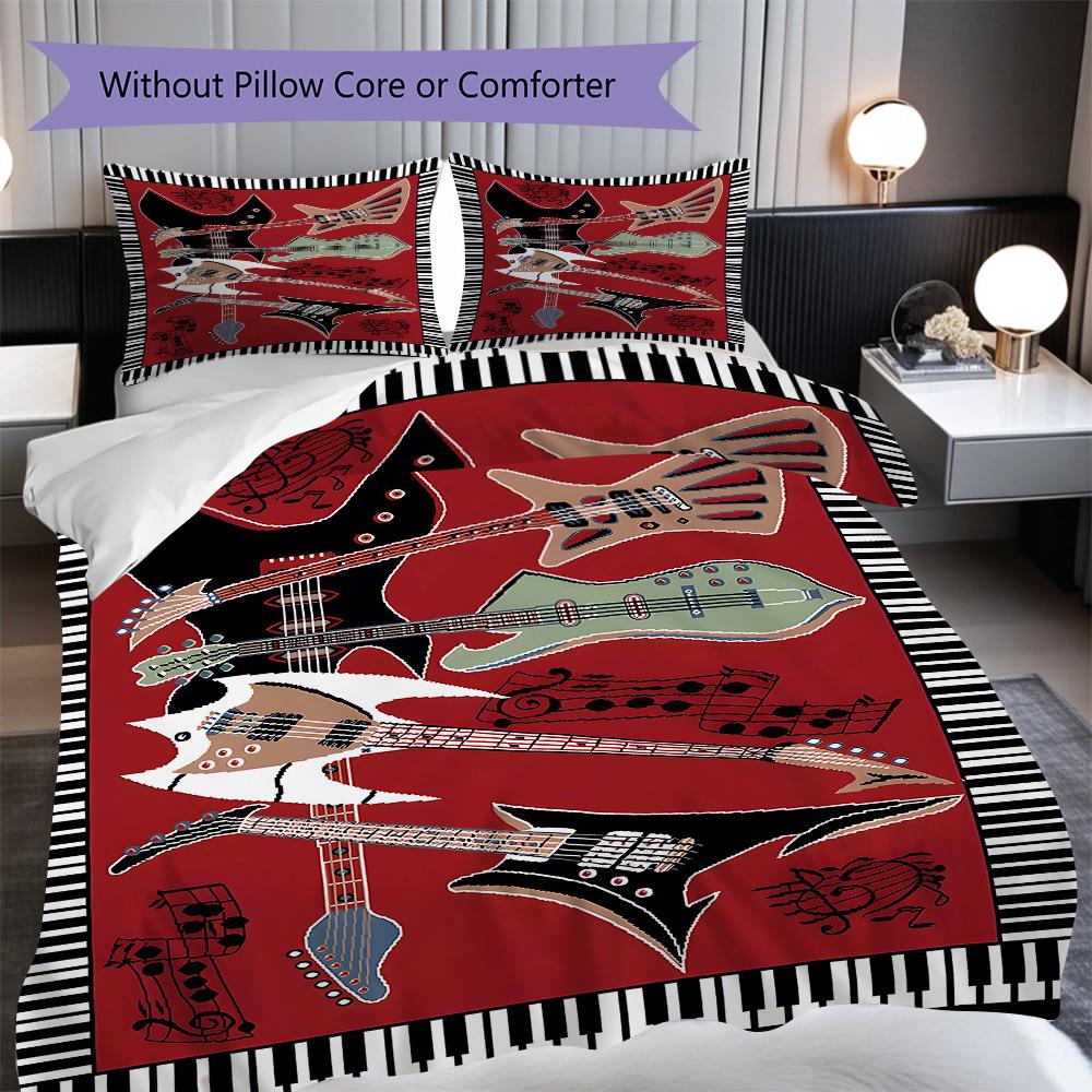 1PC Music, Guitar Theme Bedding Quilt Set Quilt Cover Pillowcase Home Decoration Birthday Gift (1 * Duvet Cover + 2 * Pillowcase, Without Core)