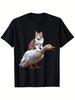 Funny Cat Riding Goose Print T-Shirt - Unisex Short-sleeve Tee In Black with a Whimsical Animal Humor Design. Perfect for Casual Outings, Hiking, and