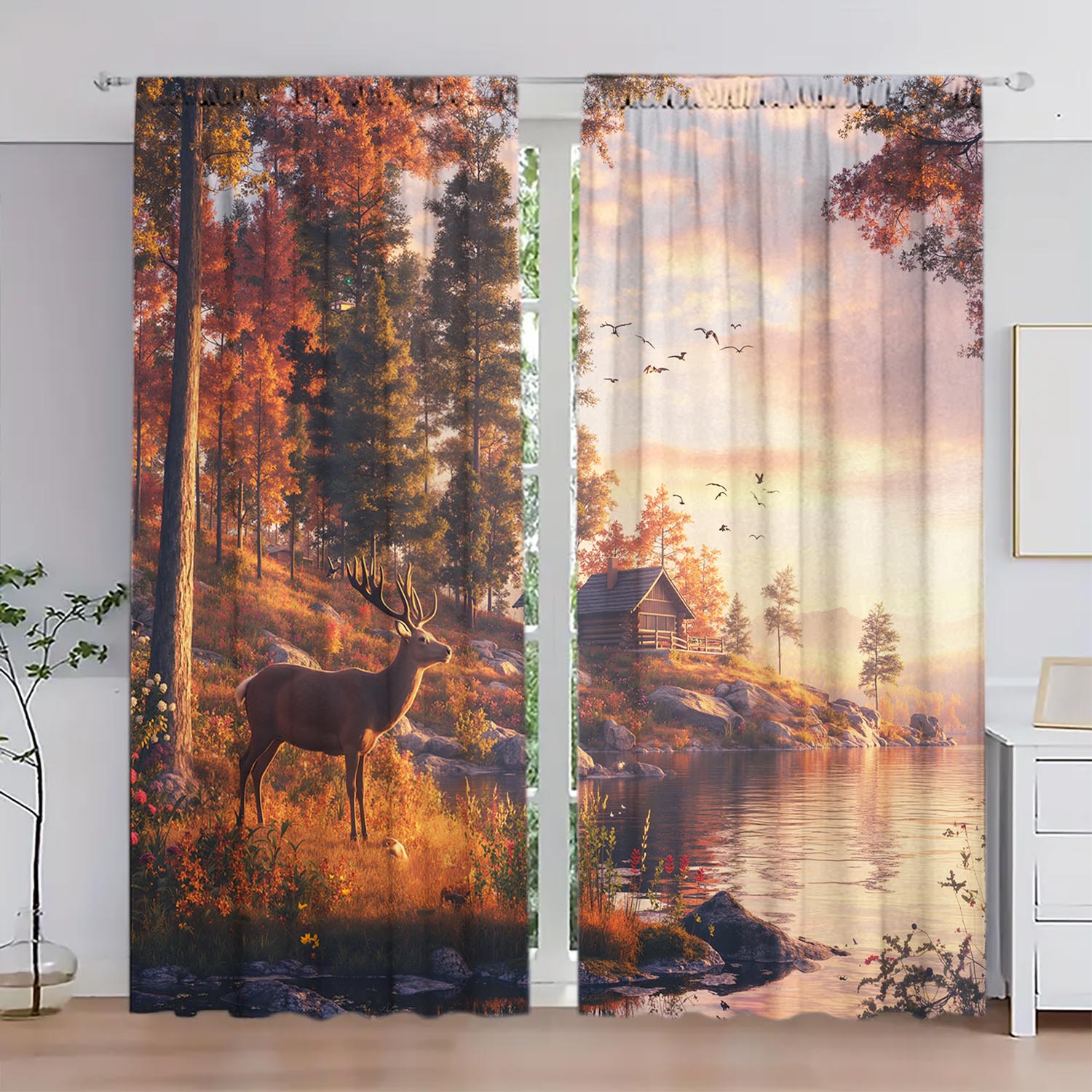 

2 Panels Autumn Forest Deer Pattern Window Curtains Half Blackout Suitable for Artistic Home Decorative Curtains 100*130 HOOK 1pcs