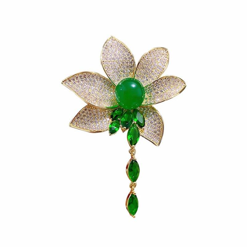 Emerald Zircon Lotus Fringed Brooch Women'S Fashion Exaggerated Wedding Dinner Clothing Accessories Corsage