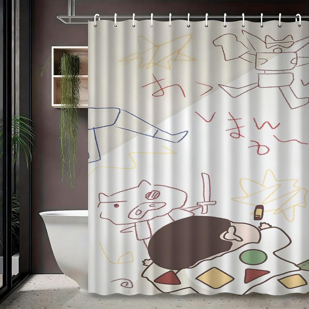 Crayon Shin-Chan Cowboy Rope Swing 2D Print Waterproof Shower Curtain, Blue Sky Bathroom Decor With Hooks