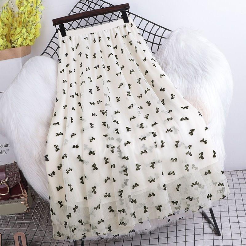 WTEMPO Brand High Waist Slim Mesh Skirt Flocked Bowknot Mesh Mid-length Half-length Dress Fashion Solid Color Versatile Pleated A-line Skirt