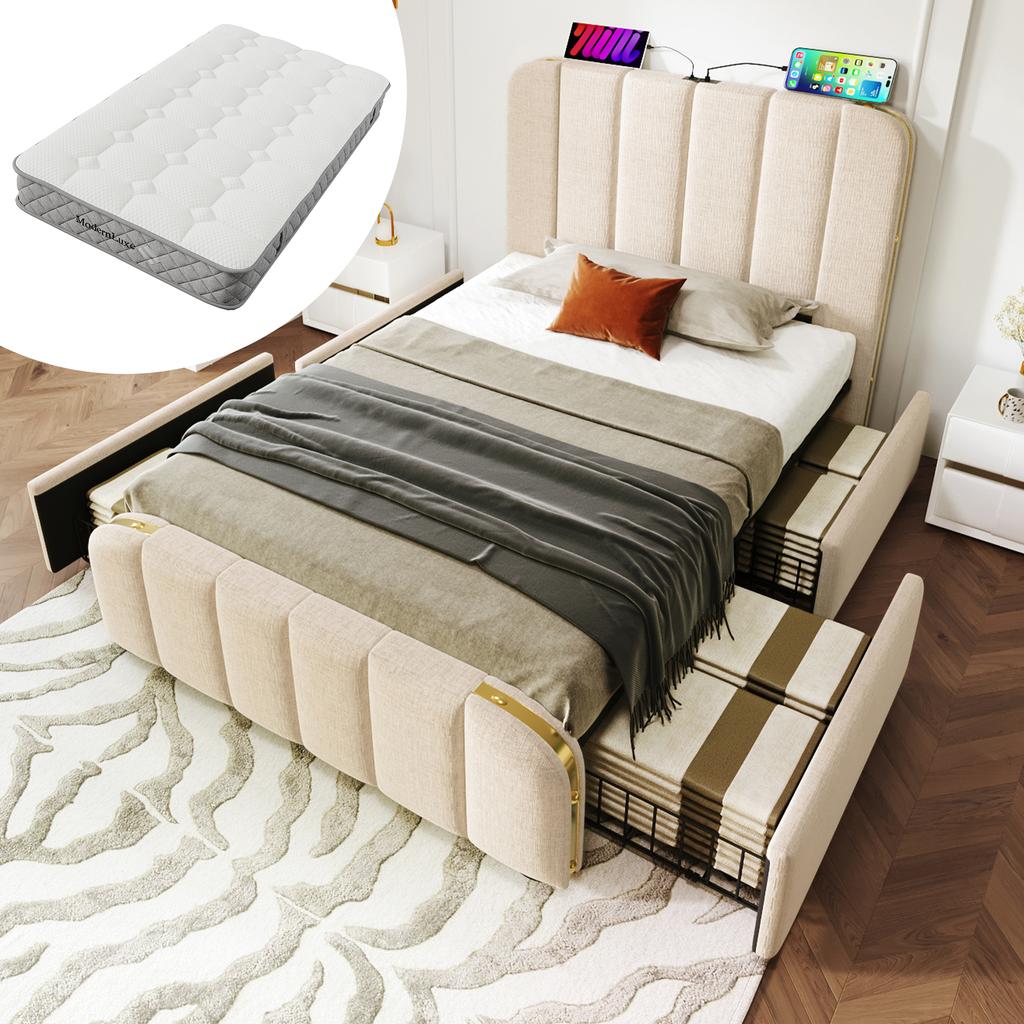 Upholstered Single Bed, headboard with golden decorative stripes, USB Type-C charging, 90*200 cm, Beige linen with 4 drawers (With mattress)