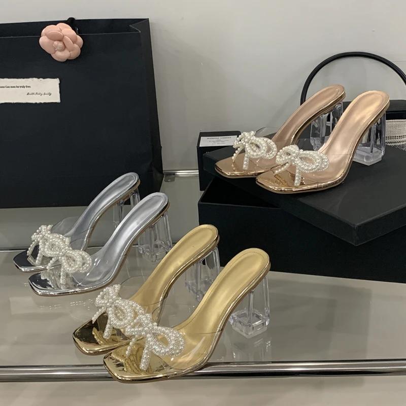 Fashion Eilyken New Fashion Butterfly-knot PVC Transparen Peep Toe CRYSTAL High Heels Women's Sandals Summer Banquet Slide Shoes