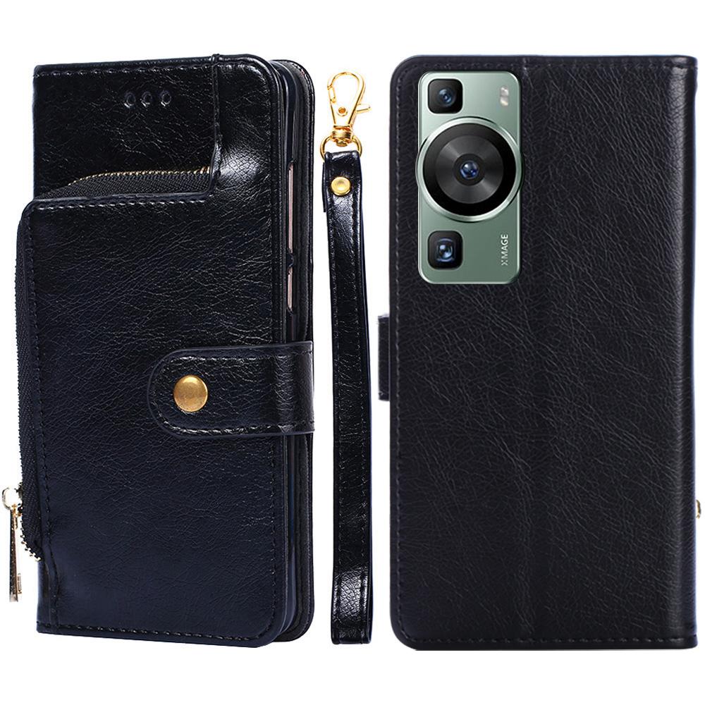 Phone Case for Huawei P60/P60 Pro Zipper Pocket PU Leather Wallet Stand Cover with Strap
