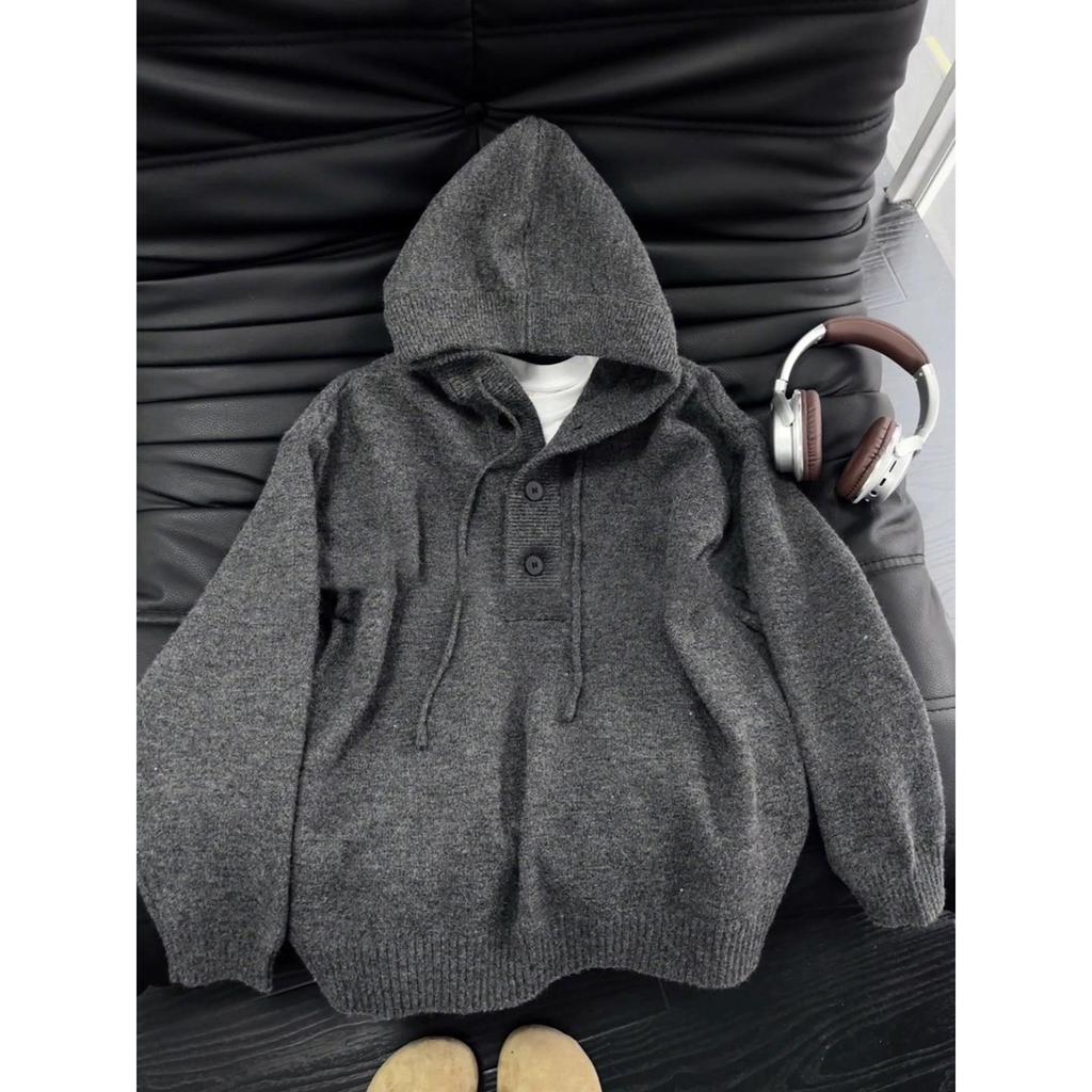 Men's Deep Gray Heavyweight Hooded Henley Pullover Knitwear - Autumn/Winter High-End Outerwear