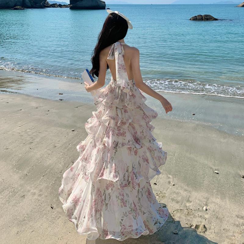 New French Holiday Style Print Neck Chiffon Cake Long Dress Women's Collar Dress Summer Super Fairy Photo