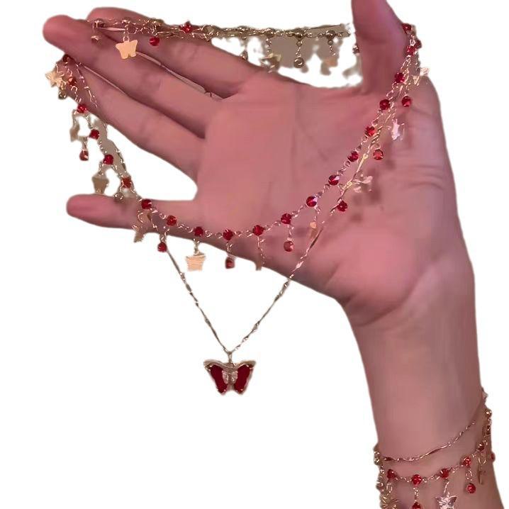 Romantic Red Dream Multi-layer Butterfly Necklace for Women