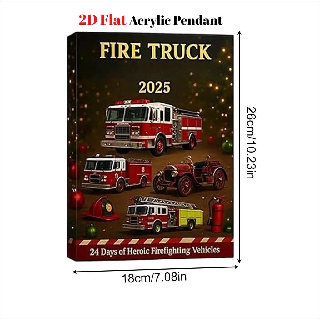Fire Truck Advent Calendar 2025, 24 Days of Christmas Advent Calendar Boxes, 2D Flat Fire Engines, Ladder Trucks, Rescue Units, Vehicles Set Gift