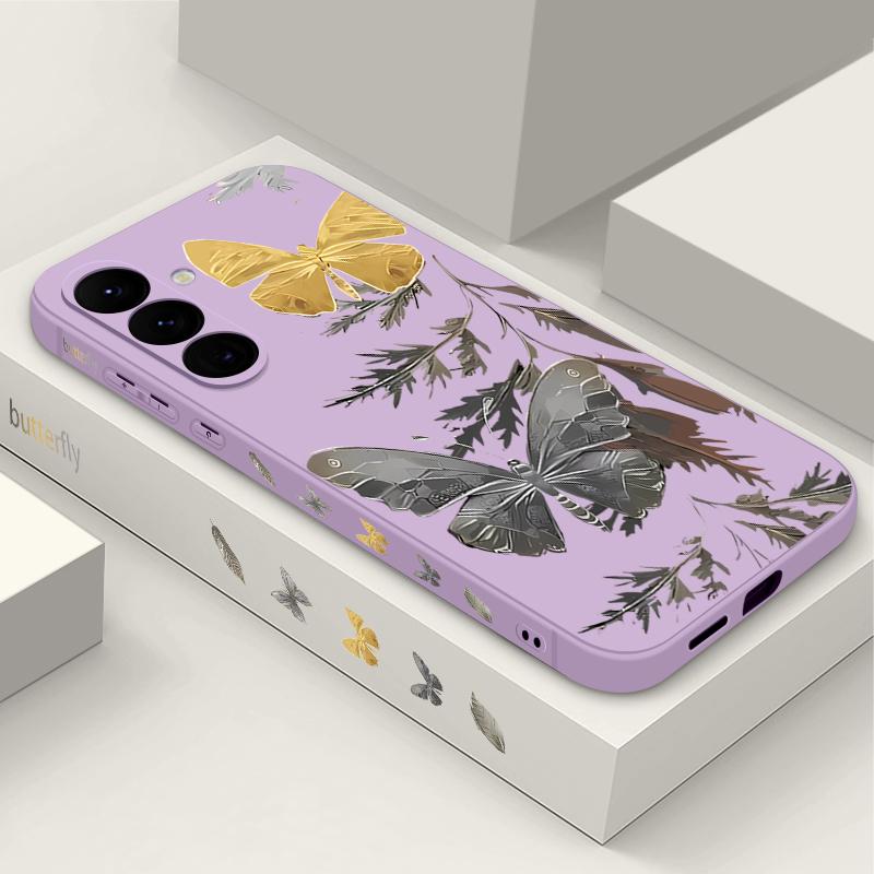 Plating Lens Golden Butterfly Pattern Case For Samsung Galaxy A56 A17 A26 A16 A36 A55 A54 A53 A15 S24 S25 FE S25 S22 S23 Ultra Plus Lanyard Soft Cover