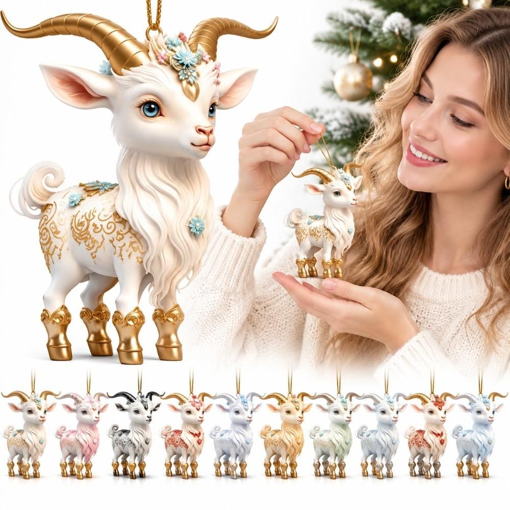 2D Flat Goat Hanging Ornament Set Acrylic Shining Animal Hanging Decoration Artificial Rhinestone Simulation Keychain