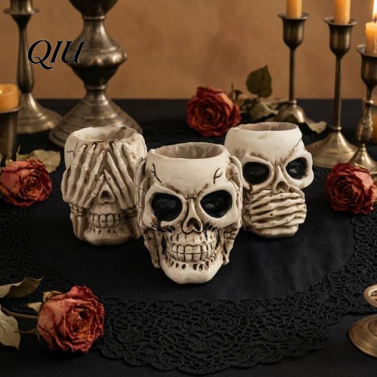 Alte Textur Schädel Sehen Hören Sprechen Kein Böses Figur, Gruselige Halloween Harz Dekoration Skelett Statue für Kaminsims, Tisch, Gothic Wohnkultur Vintage