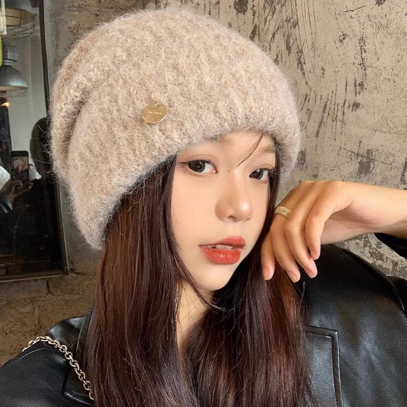 Autumn and Winter Korean Style Large Head Circumference Loose Knitted Pile Hat Showing Face Small Warm and Thickened Ear Protection Hat