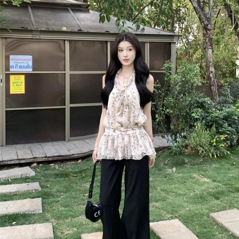 Leopard Print Strappy V-neck Halterneck Backless Chiffon Women's 2025 New Loose Slimming Sleeveless Shirts