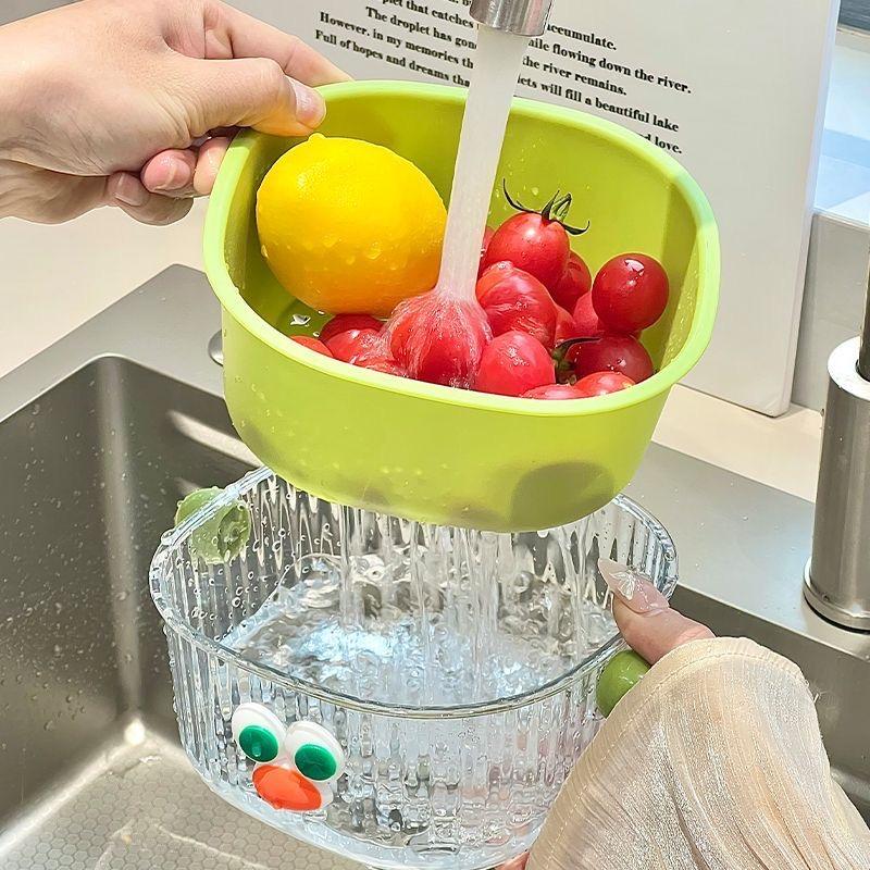 Dubbellager Korg för Köket - För att Tvätta Grönsaker och Frukter | Söt Design | Med Avloppskopp
