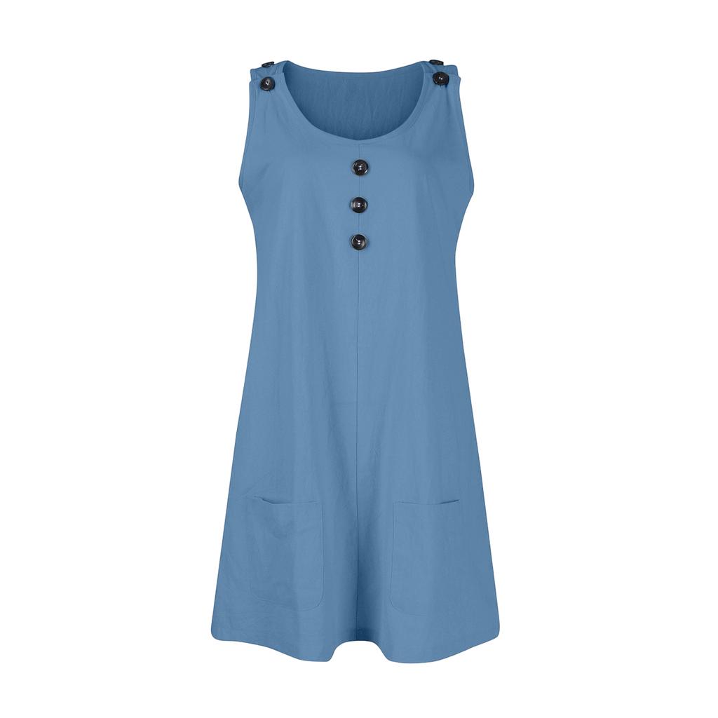 Women's Color Round Neck Fashionable Short Skirt Pocket Casual Dress