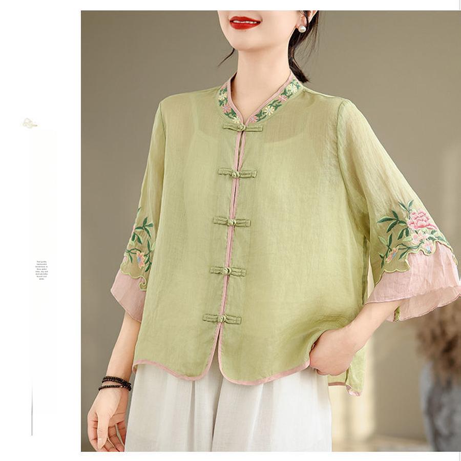 New Cotton Linen Summer Retro Ethnic Embroidery Stand Collar Shirt Women Vintage Button Patchwork Seven-Seventh Sleeve Top Loose Fit