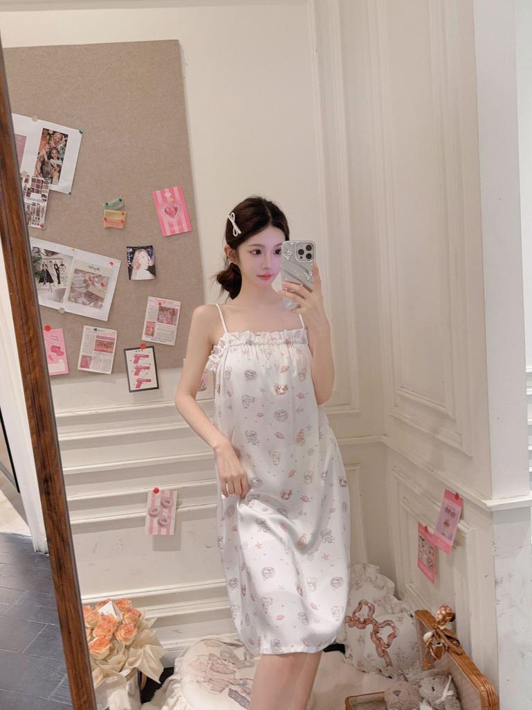 Girly Pajamas Summer Ice Silk Bear Pajamas Japanese Sweet Pajamas Homewear Cute Cartoon Suspender Skirt Powder