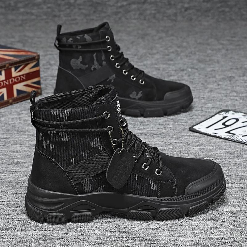 

Mens Autumn Camouflage High Top Boots Outdoor Work Boot Luxury Brands Casual Sneakers British Style Thick Sole Shoes Desert Boot 44 чорний